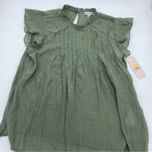 Nanette Lepore Olive Green Cap Sleeve Peasant Blouse Boho Pleat Detail Sz M - Picture 3 of 9